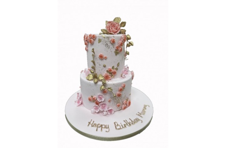 Pink and Gold Flower Tiered Cake